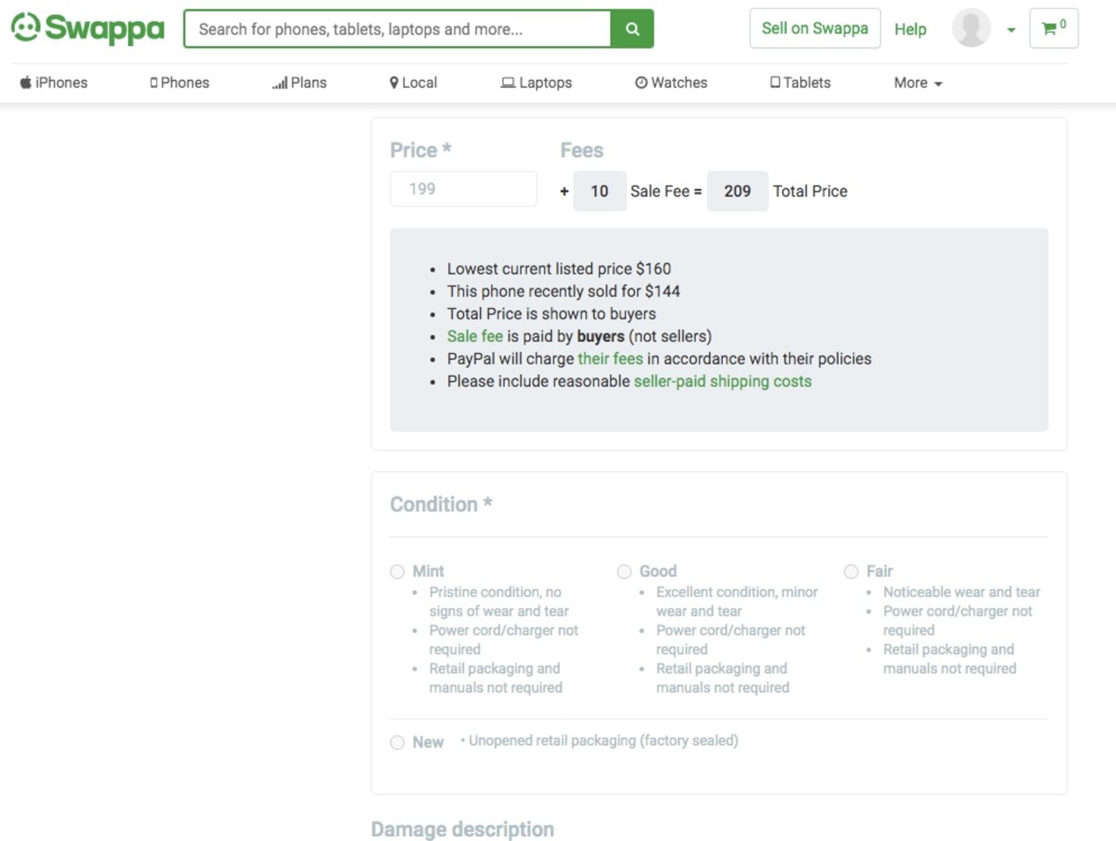 The pricing information given by Swappa when a seller is creating a listing to help determine an asking price