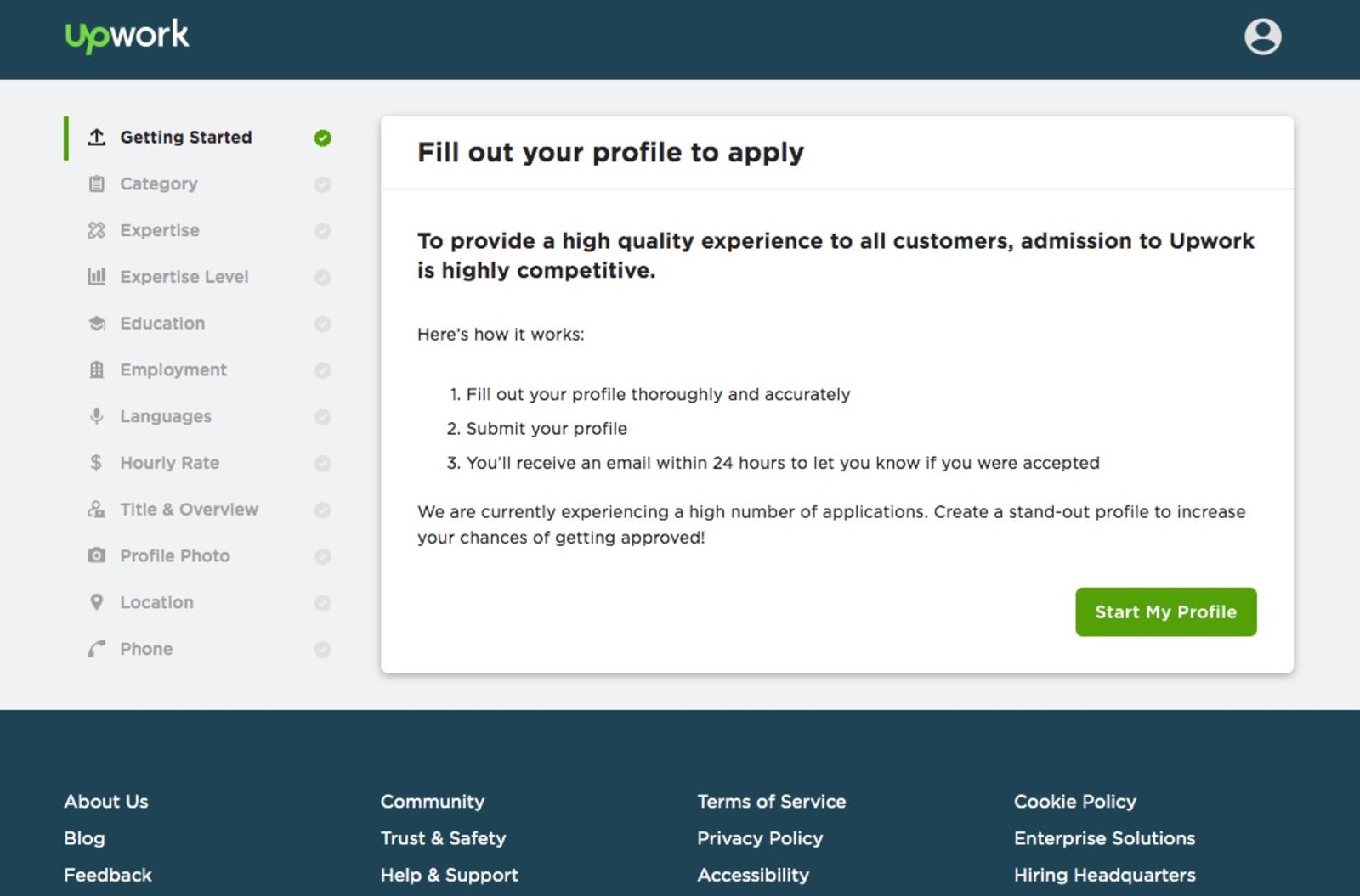 Upwork profile application