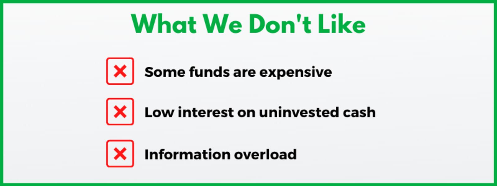 Fidelity Investments pays low interest on uninvested cash and offers some funds with high expense ratios.