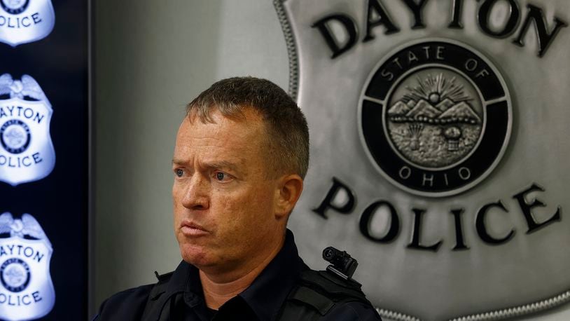 Dayton police traffic services supervisor Sgt. Gordon Cairns held a press conference Thursday, Sept. 5, 2024 on a recent fatal hit and run accident. MARSHALL GORBY\STAFF