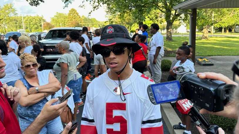 Aaron Scott Jr. of Springfield talks about committing to Ohio State July 30, 2023. (Photo: Marcus Hartman/STAFF)