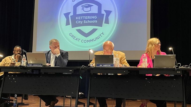 The Kettering City School District board of education plans to meet Tuesday, Wednesday and Thursday to interview candidates for a vacant seat created by Jim Ambrose (second from right) stepping down. NICK BLIZZARD/STAFF