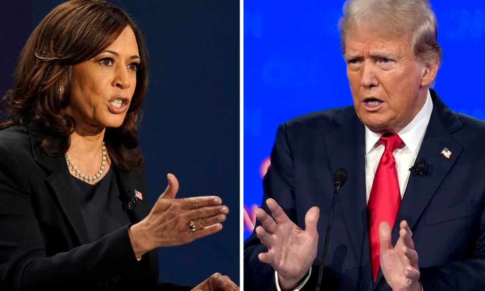 In this combination photo, Democratic vice presidential candidate Sen. Kamala Harris, D-Calif., speaks during a debate, Oct. 7, 2020, in Salt Lake City, left, and Republican presidential candidate former President Donald Trump speaks during a debate, June 27, 2024, in Atlanta. (AP Photo)