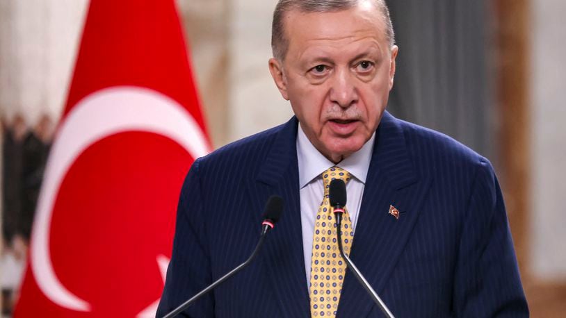 FILE - Turkish President Recep Tayyip Erdogan speaks during a joint statement to the media in Baghdad, Iraq, April 22, 2024. (Ahmad Al-Rubaye /Pool Photo via AP, File)