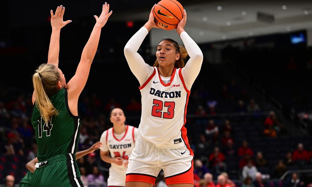 Dayton's Mariah Perez looks to pass during Tuesday night's game vs. Ohio at UD Arena. Erik Schelkun/UD Athletics