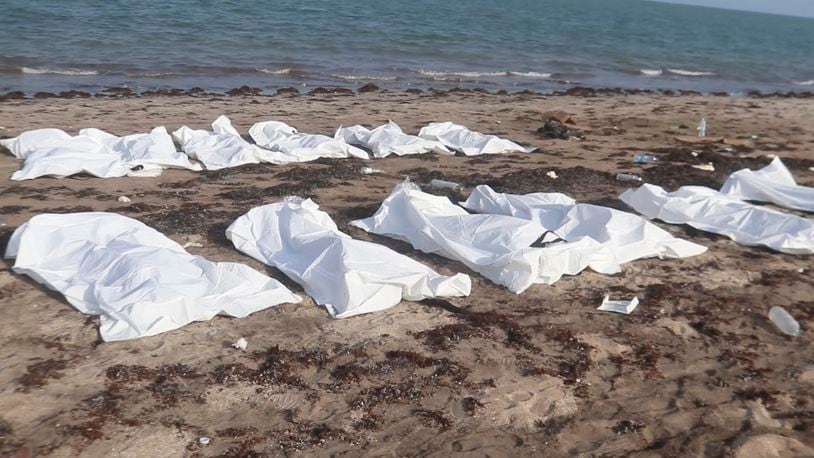 In this image made from video, bodies of migrants who were washed away are seen on the shore of the Red Sea, off the coast in Djibouti Wednesday, Oct. 2, 2024. (Djiboutian Coast Guard via AP)