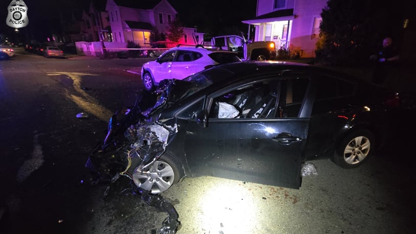 Three people were injured after a stolen vehicle traveling 85 miles per hour hit another vehicle at the East Fourth and South Philadelphia streets intersection in Dayton early Friday, Sept. 20, 2024. Photo courtesy Dayton Police Department.