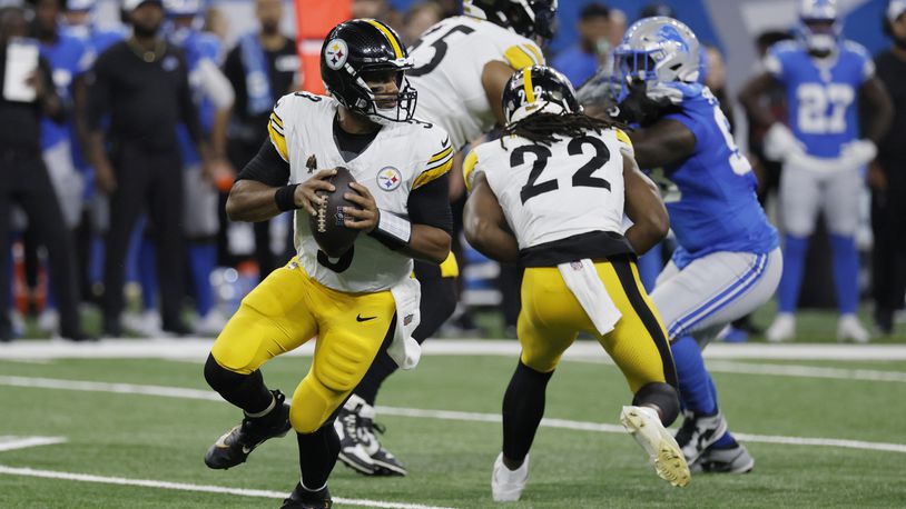 Pittsburgh Steelers quarterback Russell Wilson looks downfield during the first half of an NFL preseason football game against the Detroit Lions, Saturday, Aug. 24, 2024, in Detroit. (AP Photo/Duane Burleson)