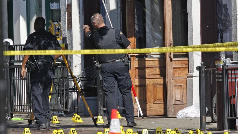 Scene in the Oregon District where 10 people were killed, including the shooter, in a mass shooting that also injured more than two dozen others. The shooting took place in the 400 block of East Fifth Street at 1:07 A.M. TY GREENLEES / STAFF