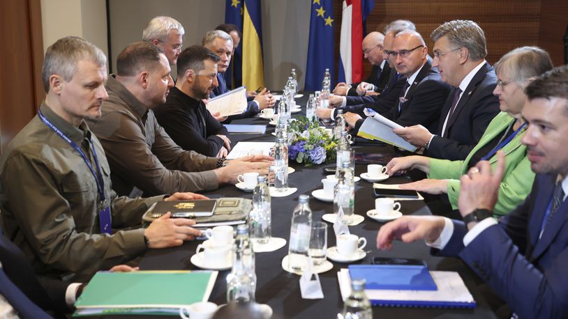 Ukrainian President Volodymyr Zelenskyy, centre left, attends a meeting with Croatian Prime Minister Andrej Plenkovic, third from right, at the Southeast Europe Croatia Ukraine summit in Dubrovnik, Croatia, Wednesday, Oct. 9, 2024. (Damir Sencar/Pool Photo via AP)