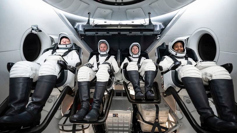 This photo provided by SpaceX shows, from left, Russian Aleksandr Gorbunov, and NASA's Nick Hague, Zena Cardman and Stephanie Wilson at SpaceX headquarters in Hawthorne, Calif., on May 6, 2024. (SpaceX via AP)