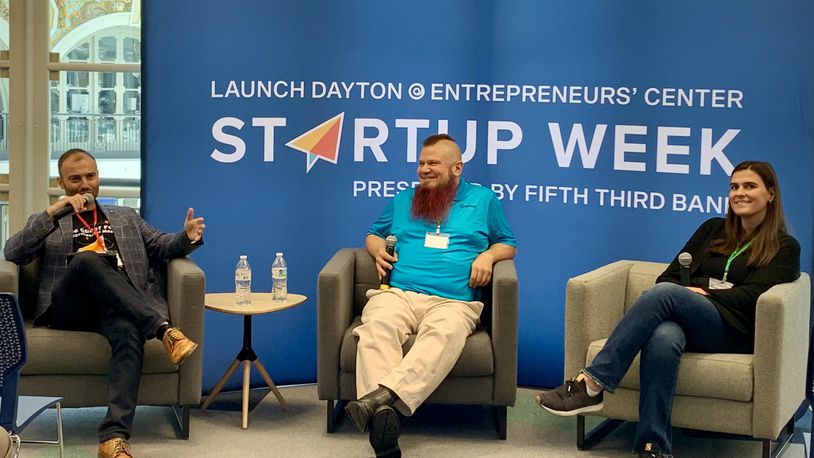 From left: Jordan Roe, Luis Estevez, and Abby McInturf talk about raising capital for local research and technology at Launch Dayton Startup Week, Sept. 11, 2024. LONDON BISHOP/STAFF