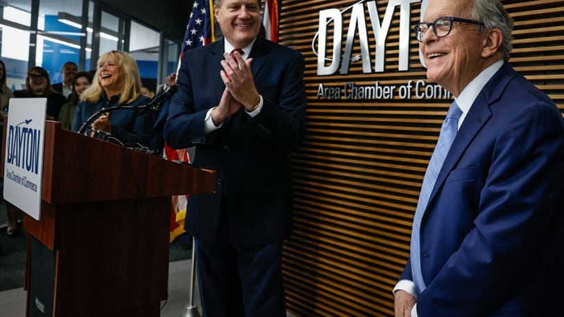 Ohio Governor Mike DeWine, right along with Congressmen Mike Turner announced Monday at the Dayton Chamber of Commerce offices that NATO will hold its spring parliamentary assembly in Dayton in May 2025. JIM NOELKER/STAFF