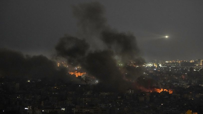 Smoke rises after Israeli airstrikes in Dahiyeh, Beirut, Lebanon, Saturday, Oct. 5, 2024. (AP Photo/Bilal Hussein)