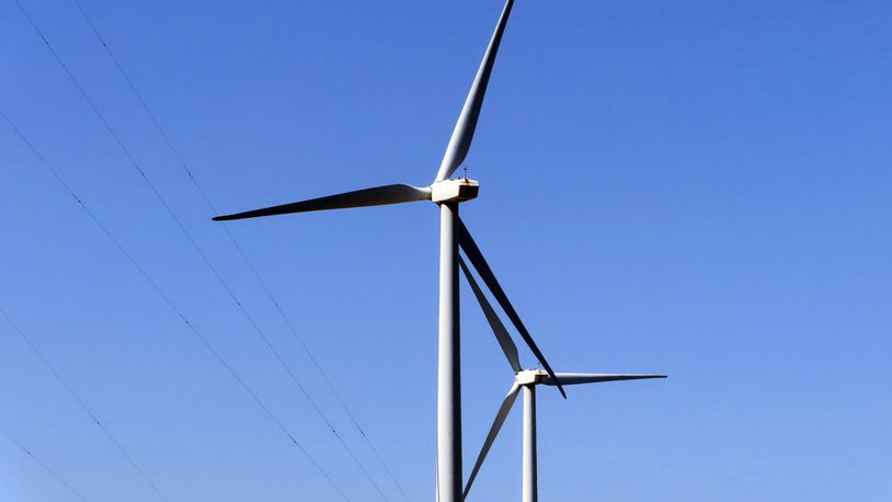 Land-based wind turbines spin in Atlantic City, N.J., April 28, 2022. (AP Photo/Wayne Parry)