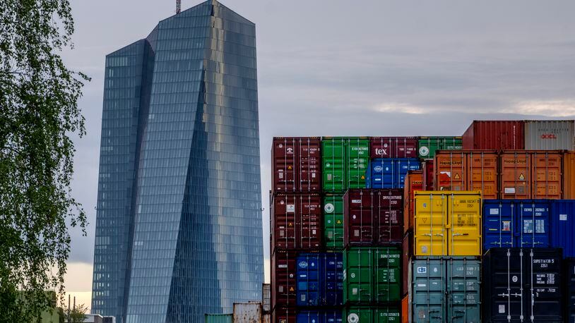 FILE - The European Central Bank is pictured next to containers in Frankfurt, Germany, on April 9, 2024. (AP Photo/Michael Probst, File)