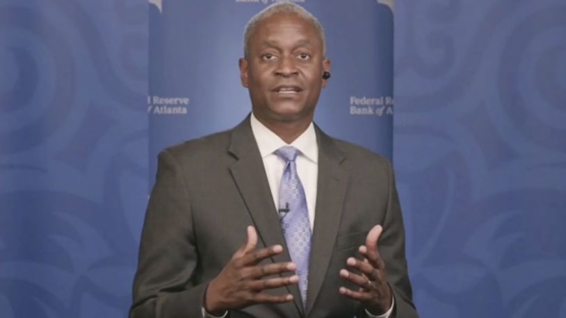 FILE - In this image taken from video, Atlanta Federal Reserve Bank President Raphael Bostic speaks from Atlanta during a webinar sponsored by the 12 regional Fed banks to address the lack of racial disparity in the field of economics, April 13, 2021. (AP Photo/File)