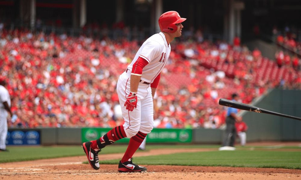 The Reds Joey Votto reacts after popping out with the bases loaded against the Nationals on Sunday, July 16, 2017, at Great American Ball Park in Cincinnati. David Jablonski/Staff