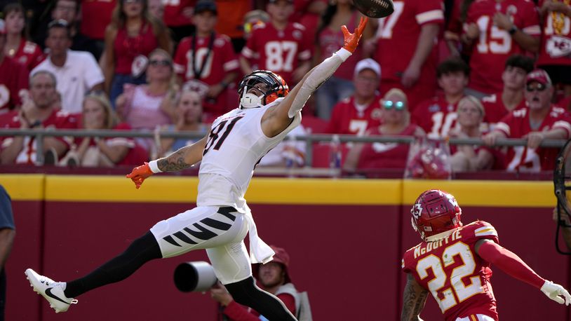 Cincinnati Bengals wide receiver Jermaine Burton (81) is unable to catch a pass in the end zone as Kansas City Chiefs cornerback Trent McDuffie (22) defends during the first half of an NFL football game Sunday, Sept. 15, 2024, in Kansas City, Mo. (AP Photo/Charlie Riedel)