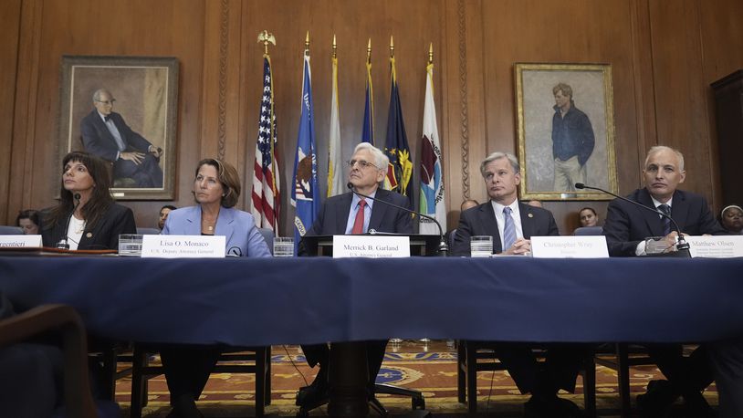 Attorney General Merrick Garland, center, speaks before a meeting of the Justice Department's Election Threats Task Force, at the Department of Justice, Wednesday, Sept. 4, 2024, in Washington, with from left, Deputy Attorney General, Criminal Division, Nicole Argentieri, Deputy Attorney General Lisa Monaco, Garland, FBI Director Christopher Wray and Assistant Attorney General, National Security Division, Matthew Olsen. (AP Photo/Mark Schiefelbein)