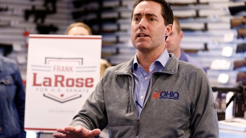 FILE - Ohio Secretary of State and Republican candidate for U.S. Senate Frank LaRose speaks to supporters during a campaign event in Hamilton, Ohio, Monday, March 18, 2024. (AP Photo/Paul Vernon, File)