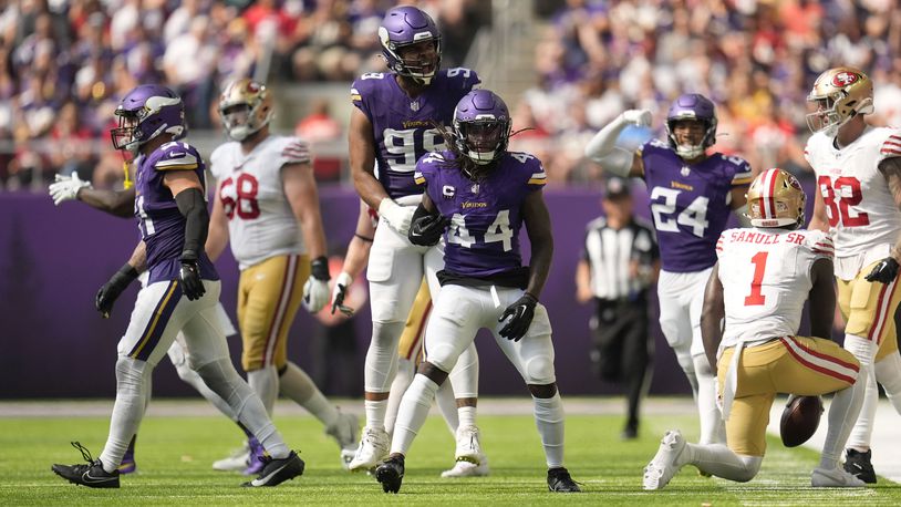 Minnesota Vikings safety Josh Metellus (44) celebrates after making a tackle during the second half of an NFL football game against the San Francisco 49ers, Sunday, Sept. 15, 2024, in Minneapolis. (AP Photo/Abbie Parr)