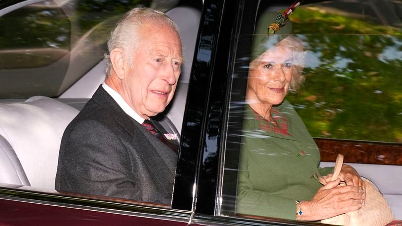 King Charles and Queen Camilla arrive at Crathie Kirk, near Balmoral, for a Sunday church service, Sunday Sept. 8, 2024. (Aaron Chown/PA via AP)