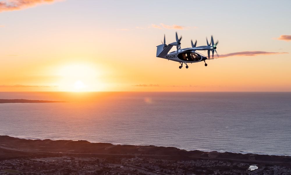 Joby’s all-electric aircraft in flight above Marina, California. Joby Aviation photo