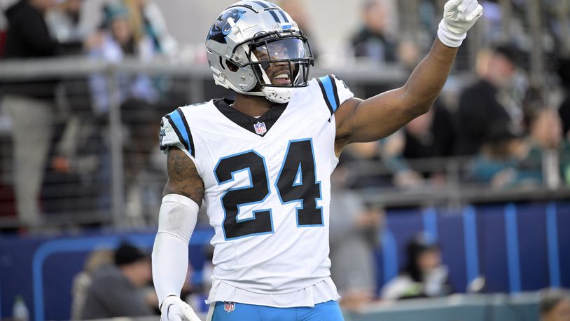 FILE - Carolina Panthers safety Vonn Bell (24) reacts after a play during the second half of an NFL football game against the Jacksonville Jaguars, Sunday, Dec. 31, 2023, in Jacksonville, Fla. The Cincinnati Bengals have bolstered their defense by agreeing on contracts with defensive tackle Sheldon Rankins and safety Vonn Bell, two people familiar with the terms told The Associated Press on Thursday, March 14, 2024. (AP Photo/Phelan M. Ebenhack, File)