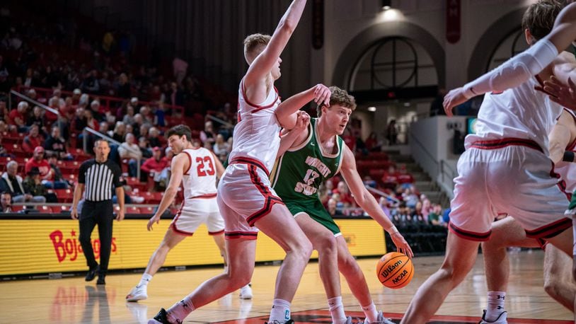 Wright State's A.J. Braun battles inside against Davidson on Saturday, Dec. 2, 2023. Wright State Athletics photo