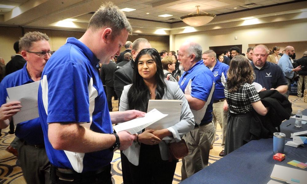 Jobseekers fill the Holiday Inn in Fairborn on Wednesday, March 22, 2023, for the one-day Air Force Life Cycle Management Center hiring event. AFLCMC is based at Wright-Patterson Air Force Base, home to some 35,000 military and civilian employees. MARSHALL GORBY \STAFF