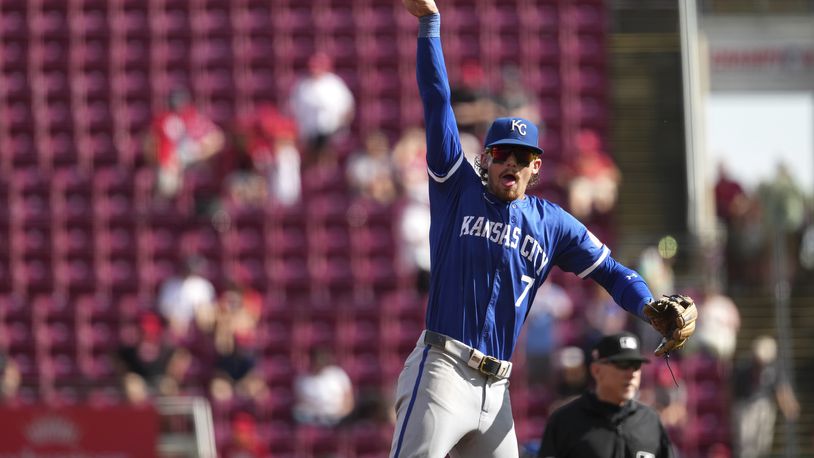 Kansas City Royals' Bobby Witt Jr. celebrates after a win in a baseball game against the Cincinnati Reds, Sunday, Aug. 18, 2024, in Cincinnati. (AP Photo/Kareem Elgazzar)