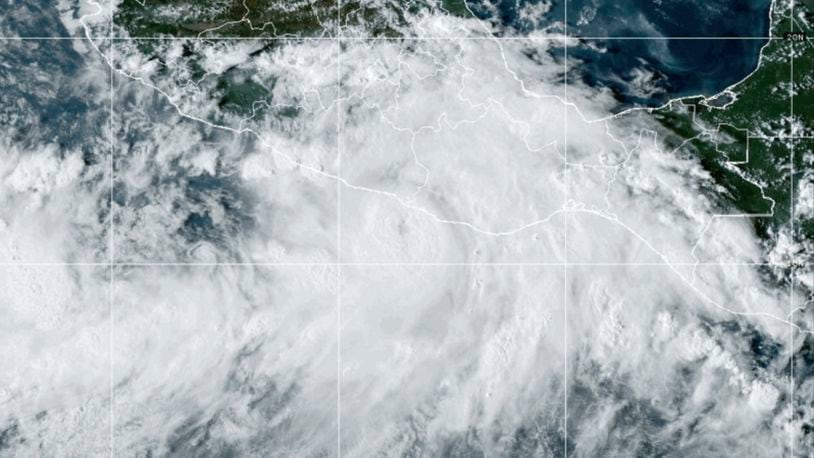 This National Oceanic and Atmospheric Administration satellite image taken at 6:10pm ET shows Hurricane John near southern Mexico on Monday, Sept. 23, 2024. (NOAA via AP)