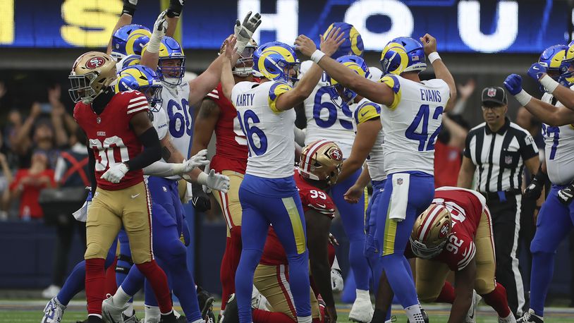 Los Angeles Rams place kicker Joshua Karty (16) celebrates with teammates after kicking a field goal against the San Francisco 49ers during the second half of an NFL football game, Sunday, Sept. 22, 2024, in Inglewood, Calif. (AP Photo/Ryan Sun)