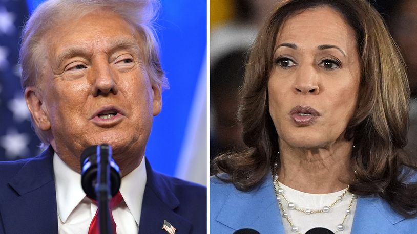 This combination photo shows Republican presidential nominee former President Donald Trump at an event, Aug. 15, 2024, in Bedminster, N.J., left, and Democratic presidential nominee Vice President Kamala Harris at a campaign event in Raleigh, N.C., Aug. 16, 2024. (AP Photo)