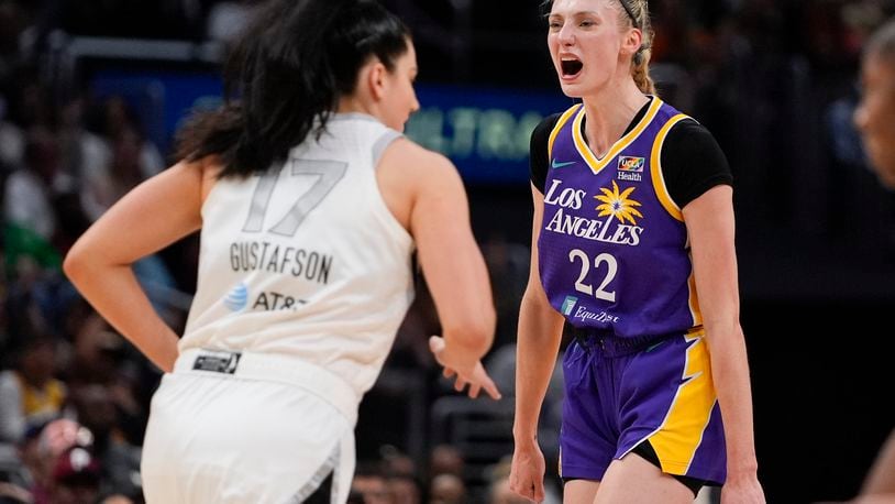 Los Angeles Sparks forward Cameron Brink (22) reacts near Las Vegas Aces center Megan Gustafson (17) after scoring a 3-point basket during the second half of a WNBA basketball game, Sunday, June 9, 2024, in Los Angeles. (AP Photo/Ryan Sun)