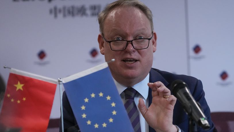 President of the European Union Chamber of Commerce in China Jens Eskelund speaks during a press conference for the annual European Business in China Position Paper, in Beijing, Wednesday, Sept. 11, 2024. (AP Photo/Andy Wong)