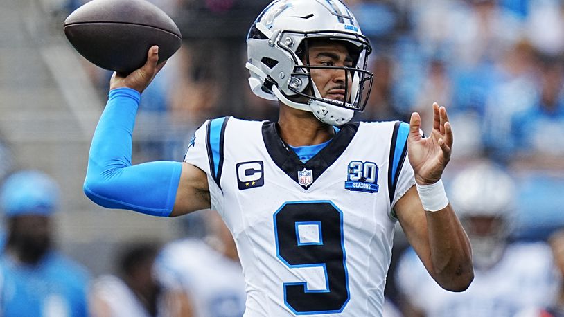 Carolina Panthers quarterback Bryce Young passes against the Los Angeles Chargers during the first half of an NFL football game on Sunday, Sept. 15, 2024, in Charlotte, N.C. (AP Photo/Rusty Jones)