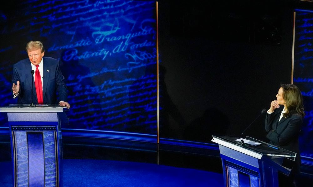 Republican presidential nominee former President Donald Trump and Democratic presidential nominee Vice President Kamala Harris participate during an ABC News presidential debate at the National Constitution Center in Philadelphia, Tuesday, Sept. 10, 2024. (AP Photo/Alex Brandon)