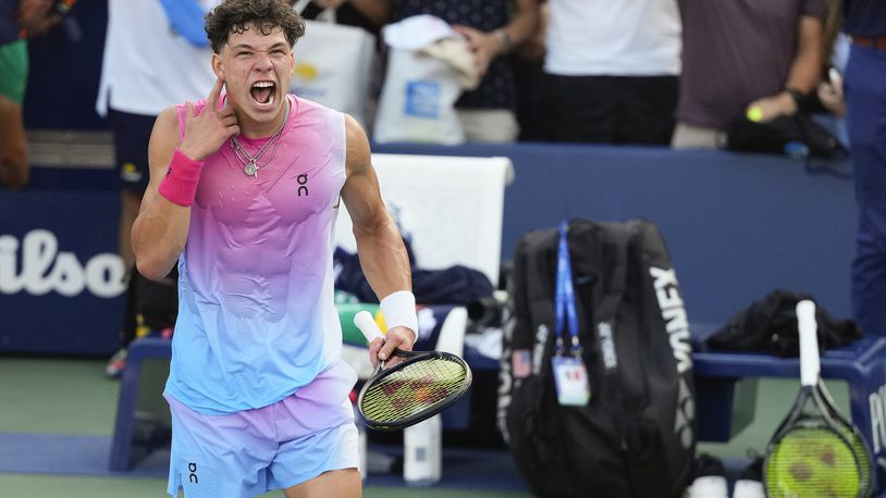 Ben Shelton, of the United States, reacts after defeating Roberto Bautista Agut, of Spain, during the second round of the U.S. Open tennis championships, Wednesday, Aug. 28, 2024, in New York. (AP Photo/Kirsty Wigglesworth)