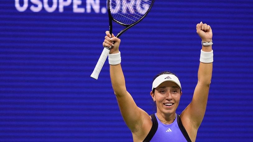 Jessica Pegula, of the United States, reacts after defeating Karolina Muchova, of the Czech Republic, during the women's singles semifinals of the U.S. Open tennis championships, Thursday, Sept. 5, 2024, in New York. (AP Photo/Julia Nikhinson)