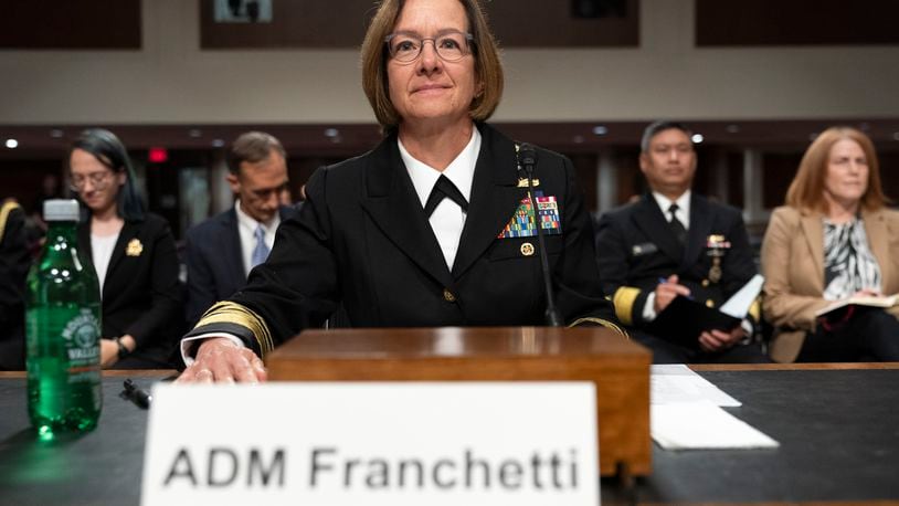 FILE - Navy Adm. Lisa Franchetti takes her seat to attend a Senate Armed Services Committee hearing on her nomination for reappointment to the grade of admiral and to be Chief of Naval Operations, Sept. 14, 2023, on Capitol Hill in Washington. (AP Photo/Jacquelyn Martin, File)