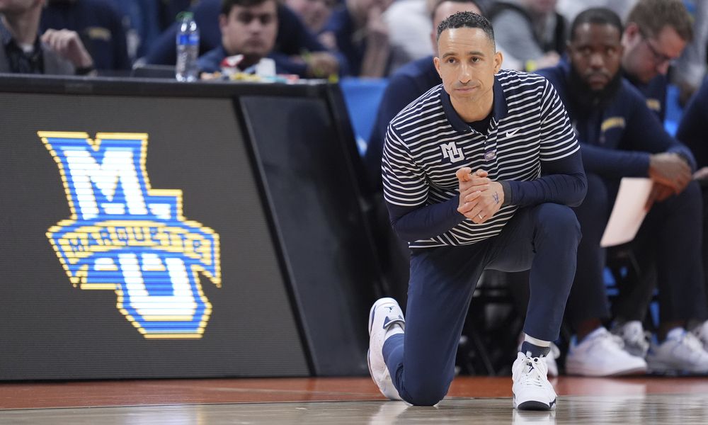 Marquette head coach Shaka Smart is seen on the sidelines during the second half of a second-round college basketball game against Colorado in the NCAA Tournament, Sunday, March 24, 2024 in Indianapolis. (AP Photo/Michael Conroy)