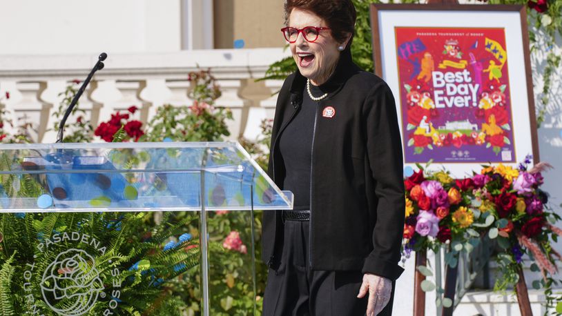 Tennis great Billie Jean King smiles as she is introduced as grand marshal of the 136th Rose Parade next year on the front steps of the Tournament House in Pasadena, Calif., Monday, Oct. 7, 2024. (AP Photo/Damian Dovarganes)