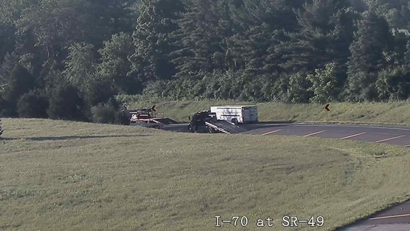 A semi truck overturned on the state Route 49 ramp to Interstate 70 in Montgomery County Tuesday, June 11, 2024.