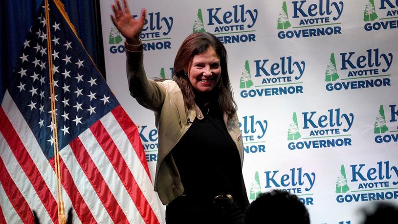 Republican gubernatorial candidate Kelly Ayotte celebrates at her victory party after winning the GOP nomination for New Hampshire governor at Bonfire in Manchester, N.H., on Primary Day Tuesday, Sept. 10, 2024. (David Lane/Union Leader via AP)