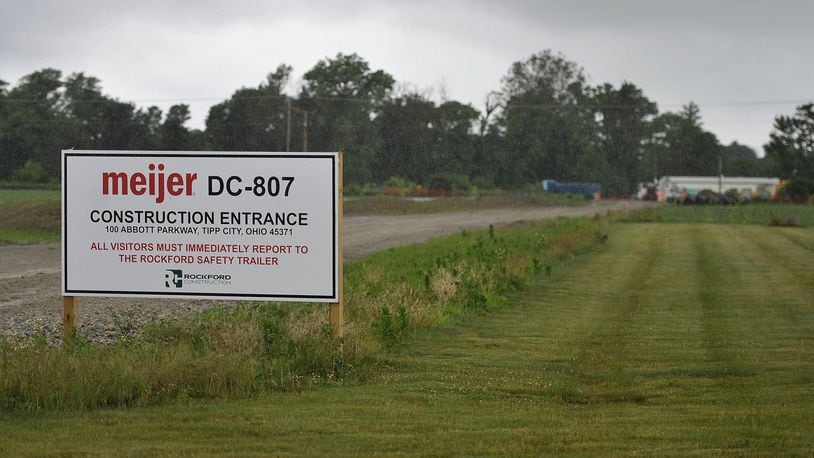 Construction is underway on Meijer Distribution Center’s new automated warehouse west of Interstate 75 in Tipp City. MARSHALL GORBYSTAFF