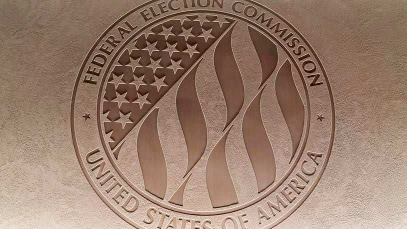 FILE - The Federal Election Commission emblem is seen at the Federal Election Commission headquarters in Washington, Aug. 10, 2023. (AP Photo/Stephanie Scarbrough, File)