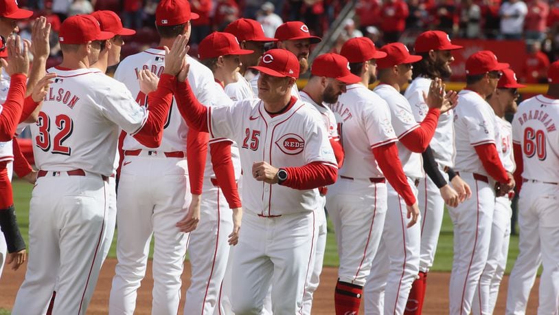 Reds manager David Bell is introduced on Opening Day before a Reds game against the Nationals on Thursday, March 28, 2024, at Great American Ball Park in Cincinnati. David Jablonski/Staff