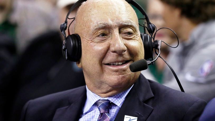 FILE - ABC/ESPN basketball analyst Dick Vitale sits at midcourt prior to an NCAA college basketball game between Baylor and Villanova, Dec. 12, 2021, in Waco, Texas. Longtime ESPN college basketball analyst Vitale said on social media Friday, June 28, 2024, that he has been diagnosed with cancer for a fourth time. (AP Photo/Ray Carlin, File)